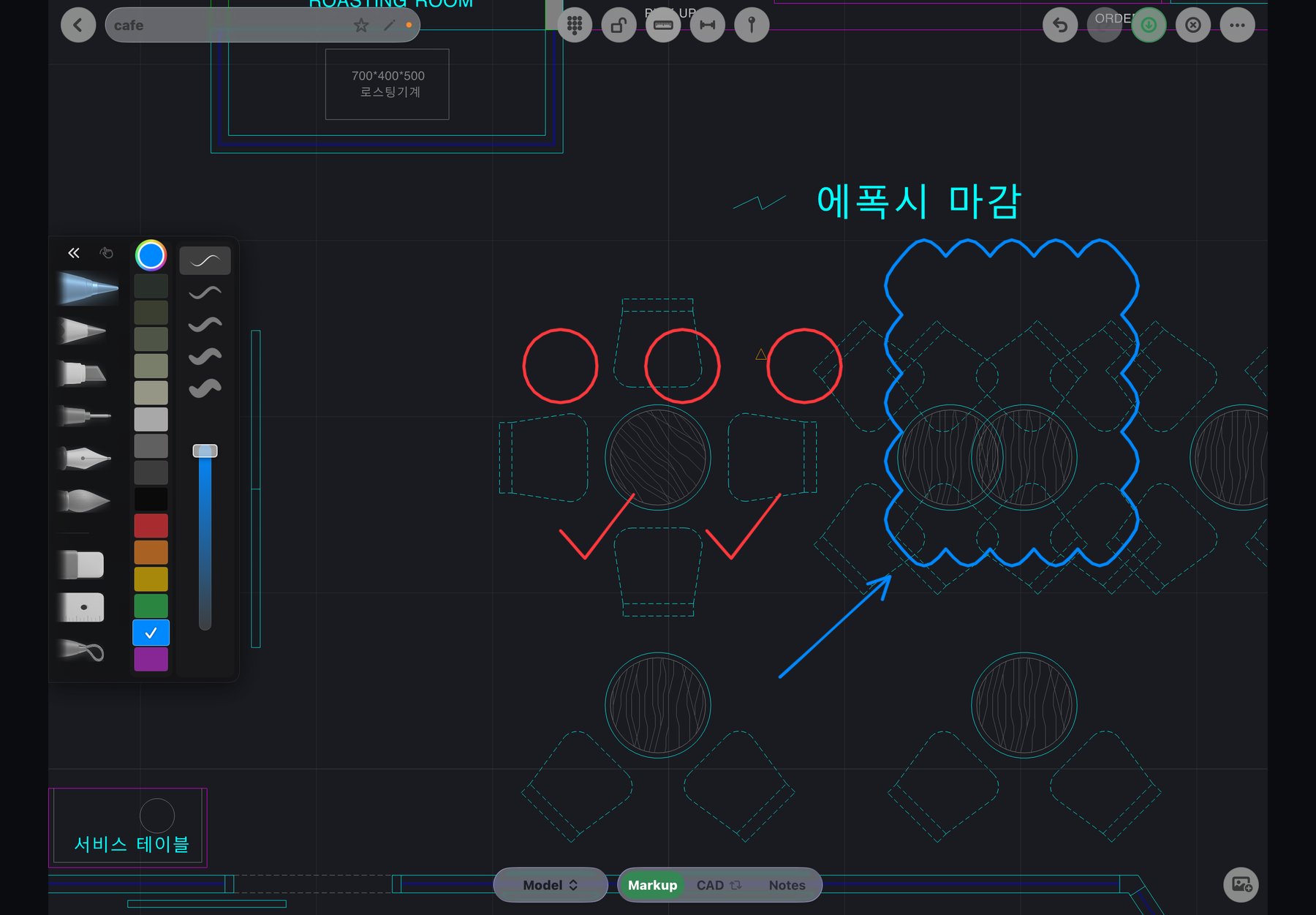 Markup mode in Fluxketch — a blue revision cloud, an arrow, red circles and ticks drawn over a floor plan with Apple Pencil